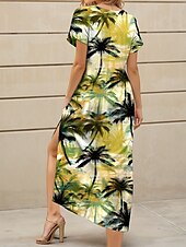 abordables Robes hawaïennes-Femmes Robe maxi Robe Décontractée Robe trapèze Vacances Tropical Occasionnel Vacances Quotidien Coupe régulière Feuille Tropical Manche Courte Col en V Vert Été Printemps