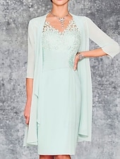 abordables Avec veste-Deux Pièces Fourreau / Colonne Robe de Mère de Mariée  robe demoiselle d honneur Eglise Elégant Col V Mi-long Mousseline de soie Manches 3/4 avec Broderie 2025