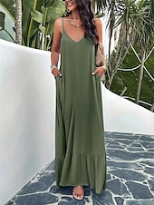 preiswerte Einfaches Kleid-Damen Maxi Kleid Strandkleid Slip Kleid Urlaub Strandurlaub Unifarben Lässig Täglich Lockere Passform Grafik Ärmellos Träger Schwarz Rot Himmelblau Grün Sommer