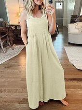 abordables combinaisons décontractées-Femme Normal Salopette Actif Couleur unie Sans Manches Col Rond Boutons Poche Vacances du quotidien Standard Jaune Vin Abricot Eté
