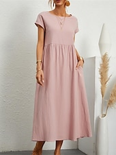 cheap Dresses-Women&#039;s Midi Dress Linen-Inspired Dresses Casual Dress Cotton Linen Dress A Line Dress Stylish Casual Vacation Daily Date Regular Fit Plain Short Sleeve Crew Neck White Pink Orange Summer Spring