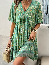 halpa Boho-mekot-Naisten Mini mekko A linjainen mekko Kesämekko Tyylikäs Vapaa-aika Loma Päivittäin Normaali Kukka Lyhythihainen V kaula-aukko Musta Kuninkaallinen sininen Sininen Apila Kesä