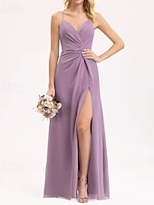 baratos Vestidos para Madrinhas-Vestido de Dama de Honra A-Line V Decote  Alças de Espaguete Sem Mangas Elegante Comprimento Longo Chiffon  Spandex  Shantung com Draping  Ruching  Bandagem