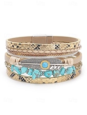 baratos Pulseira Feminina-Pulseira magnética de couro boho e turquesa - design ajustável em várias camadas com penas e pedras preciosas, perfeita para estilos casuais, de verão e festivais