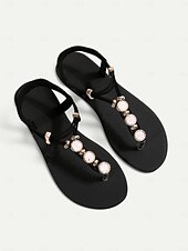 economico Sandali Eleganti-sandali bassi da donna con strass bohémien – eleganti sandali estivi da spiaggia con cinturino a T e design con perline di perle per le vacanze e l&#039;abbigliamento casual