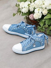 abordables Baskets femme-baskets montantes en toile à pois pour femmes – chaussures décontractées en denim à lacets avec charme floral, streetwear élégant pour un usage quotidien et en voyage