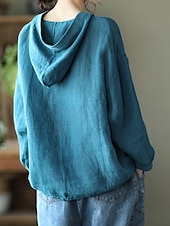 cheap Shirts-Women&#039;s Shirt Cotton Linen Shirts Button Up Blouse Solid Color Basic Casual Long Sleeve Hooded Regular Tops Daily Buttons White Red Blue Beige Summer