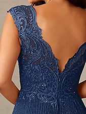 baratos Comprimento do chão-Linha A Vestido Para Mãe dos Noivos Elegante Simples Minimalista Decote V Longo Renda Tule Sem Manga com Apliques 2025