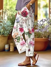 ieftine pantaloni cu picior drept-Pantaloni din bumbac și in pentru femei pantaloni baggy asemănători cu in modă stradală lungime completă talie înaltă imprimeu floral grafic termic cald respirabil moale micro-elastic exterior zilnic