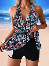 billiga Tankinis-Dam Badkläder Tankini 2 st Pojkeben Baddräkt Öppen rygg Hög midja Semester Standkläder Nyans Paisley V-hals Ärmlös Baddräkter