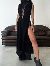 ieftine proiectează rochii din bumbac și in-Pentru femei Rochie Lunga Rochie Maxi Rochii inspirate din in Rochie în carouri Rochie casual Rochie de vară Modă În aer liber Concediu Dată Fit regulat Simplu Fără manșon În V Negru Maro Bej Var