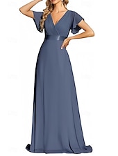 baratos Vestidos para Madrinhas-vestido de dama de honra linha a decote em v manga curta elegante comprimento até o chão chiffon com faixa / fita / franzido 2025