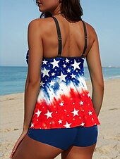 abordables Traje de baño del Día de la Independencia-Día de la Independencia Trajes de Baño Patrióticos de Mujer Cuarta de Julio Tankini Traje de Baño de 2 Piezas Tipo Boy Leg Sin Espalda Vacaciones Playa Bandera Cuello en U Sin Mangas Trajes de Baño
