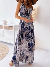 abordables Robes de vacances-Femme Robe Maxi Robe casual mode Décontractées Vacances Casual du quotidien Standard Graphic Sans Manches Col V Noir Blanche Bleu Vert Eté Printemps