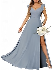 cheap Bridesmaid Dresses-A-Line Bridesmaid Dress Straps Short Sleeve Elegant Floor Length Chiffon with Ruffles / Split Front / Ruching