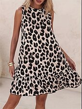 olcso Sundresses-Női Mini ruha hétköznapi ruha A vonalú ruha Ujjatlan ruha Elegáns aranyos stílus Stílusos Vakáció Hétköznapi Napi Normál Leopárd Ujjatlan Terített nyak Leopárd Nyár Tavasz