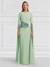 cheap Evening Dresses-Green Blue Floral Column Evening Gown Side Slit Dress Formal Wedding Guest Floor Length Short Sleeve Jewel Neck Stretch Crepe with Embroidery