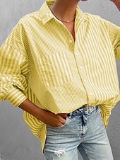 cheap Work Tops-Women&#039;s Shirt Blouse Striped Elegant Daily Stylish Long Sleeve Shirt Collar Regular Tops Daily Holiday Going out Buttons Pocket Yellow Pink Green Spring Fall