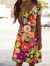 olcso Boho ruhák-Női Mini Ruha Kicsi Ruha Póló Ruha T-Shirt Ruha Nyári Ruha A vonalú Ruha Elegáns Vintage Stílusos Vakáció Születésnapi Kényelmes Rendes Fit Virágos Grafikai Paisley Rövid Ujjú V Nyak Piros