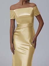 abordables Champagne-Robe de soirée fourreau Élégante Robe formelle de performance Longueur de sol Manches courtes Off-shoulder Satin glossy