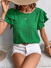 cheap Work Tops-Women&#039;s Blouse Solid Color Elegant Daily Stylish Short Sleeve Crew Neck Regular Tops Daily Holiday Going out Ruffle Patchwork Sage Green Red Navy Blue Purple Green Summer Spring