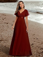 economico Abiti da sposa-Abiti da Prom A-Line Abito Elegante Ospite di Matrimonio Laurea Lunghezza Piena Maniche Corte Collo a V Abito da Damigella Chiffon con Schiena a V e Rouches