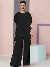 abordables Combinaisons pour maman-Ensemble de deux pièces combinaison  pantalon pour mère de la mariée invitée de mariage élégant grande taille col rond longueur totale chiffon manches courtes avec couleur unie 2025 taille
