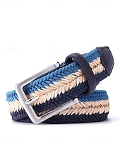 cheap Men&#039;s Belts-Men&#039;s Woven Braided Belt – Stylish and Durable Blue and Beige Design with Leather Accents, Adjustable and Comfortable for Casual or Formal Occasions