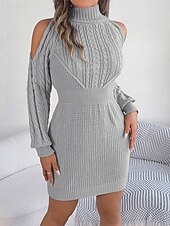 olcso Egyszerű ruha-Női Mini Ruha Pulóver Ruha Testhezálló Ruha Off The Shoulder Ruha Kényelmes Lámpás Ujjú Nyaralás Napi Rendes Illeszkedés Virágos Hosszú Ujjú Magas Nyak Rózsaszín Haditengerész Zöld Szürke Nyár Ősz Tél