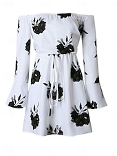 billiga Semesterklänningar-Dam Mini klänning Vardagsklänning Boho bröllopsgästklänning bohemliv Stylish Sexig Lös passning Blommig Långärmad Över axeln Svart Blå Sommar Vår Höst