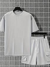 cheap Men's Basic Tees sets-Men's Workout Set Tracksuit T shirt &amp; Shorts Set Outfit Set Crew Neck Outdoor Daily Sports Pocket Drawstring 2 Piece Plain Black Red Green Polyester Activewear Classic Casual Summer