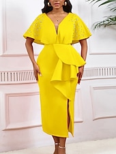 preiswerte Kentucky Kleid-Kentucky Derby Damen Midi Kleid Bodycon Kleid Puffärmel Kleid Elegant Formal Cocktail Formal Party Hochzeitsgast Reguläre Passform Grafisch Kurzarm V-Ausschnitt Schwarz Weiß Gelb Rot Sommer