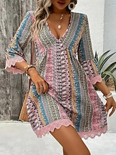 tanie Sukienki boho-Damskie Sukienka mini Codzienne sukienki Sukienka Boho Elegancki Codzienny Urlop Codzienny Regularny Graficzny Geometryczny Rękaw 3/4 W serek Rumiany róż Czerwony Niebieski Lato