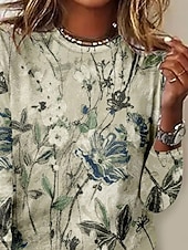 economico T-shirt floreale-Maglietta da donna a maniche lunghe con scollo tondo tunica floreale piante elegante vintage top regolari quotidiani per uscire stampa verde chiaro