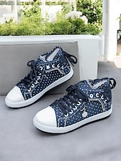 abordables Baskets femme-baskets montantes en toile à pois pour femmes – chaussures décontractées en denim à lacets avec charme floral, streetwear élégant pour un usage quotidien et en voyage