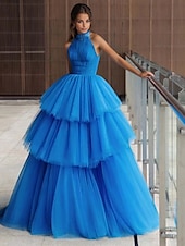 baratos Vestidos Baile Formatura-vestidos de baile em camadas linha a vestido de festa festa à noite coquetel comprimento até o chão sem mangas decote halter poliéster com pregas miçangas 2025