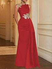 tanie Suknie balowe na wieczór-Suknia Wieczorowa Sheath Elegancka Sukienka Formalna Długość do Podłogi Bez Rękawów Dekolt w Kształcie Klejnotu Kieszeń Satynowa z Haftem