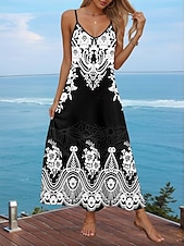 preiswerte Streifen- und geometrische Kleider-Frauen Maxi Kleid Lässiges Kleid Sommerkleid A-Linie Kleid Bohemia Urlaub Tropischer Urlaub Lässig Täglich Reguläre Passform Floral Grafik Schmetterling Ärmellos V-Ausschnitt Schwarz Sommer Frühling
