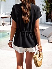 cheap Plain tee-Women&#039;s Shirt Blouse Solid Color Stylish Casual Short Sleeve Notched Neck Regular Tops Daily Buttons Drawstring Black Wine Blue Green Beige Summer