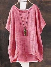 billige Skjorter-Dame Skjorte Bluse Skjorter i bomullslin Helfarge Grunnleggende Fritid Halvlange ermer Crew-hals Vanlige topper Daglig Rosa Grønn Kakifarget Sommer