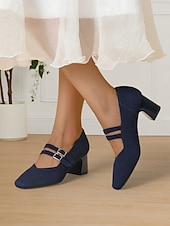 cheap Block Heels-Breathable Fly-knit Mary Jane Pumps with Double Buckle Detail and Chunky Heel, Elegant Style for Women, Ideal for Work, Events and Formal Occasions