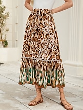 economico Gonne grafiche-Per donna Gonna lunga Boemia Boho Lungo Maxi Vita alta Gonne Leopardo Color Block Collage Stampa Media elasticità Per eventi Spiaggia Marrone Quattro stagioni Poliestere Viscosa