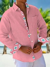 preiswerte Herrenhemd zum Knöpfen-Herren Hemd Sommerhemd Freizeithemd Strandhemd Knopfhemd Hellgrün Rosa Himmelblau Braun Grau Langarm Einfach Muster Revers Urlaub Hawaiianisch Button-Down Bekleidung Polyester Mode Lässig Bequem