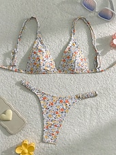 voordelige Bikinisets-Dames Zwemkleding Bikini 2 stuks String Zwempak Blote rug Slank Vakantie Strand Kleding Bloemig V-hals Mouwloos Badpakken