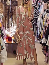 ieftine Rochii Boho-Pentru femei Rochii Midi Rochie casual Rochie A line Rochie Boho Stilat Casual Vacanță Zilnic Fit regulat Grafic Lungime Manșon 3/4 În V Roz Îmbujorat Kaki Verde Militar Vară