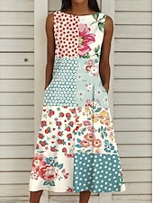 preiswerte Blumenkleider-Damen Midi Kleid Boho Kleid Strandkleid Strandbekleidung Print Lässig Floral Bootsausschnitt Ärmellos Reguläre Passform Urlaub Pink