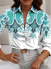 cheap Boho Tops-Women&#039;s Shirt Paisley Casual Long Sleeve Shirt Collar Regular Tops Work Daily Buttons Print Red Blue Orange Spring Fall Winter