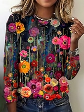 cheap Floral tee-Women&#039;s T Shirt Floral Elegant Vintage Fashion Long Sleeve Crew Neck Regular Tops Daily Going out Weekend Print Red Summer Spring