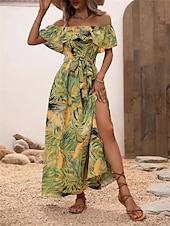 preiswerte Blumenkleider-Damen Midi Kleid Korsett Kleid Rüschens Kleid Off-the-Shoulder Kleid Urlaub Strand Urlaub Täglicher Regular Fit Grafik Kurzarm Off-Shoulder Gelb Hellgrün Himmelblau Orange Sommer