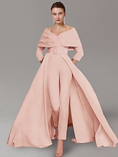 voordelige Mama&amp;#39;s jumpsuits-Twee-delige Jumpsuit Moeder van de Bruid Formele Bruiloft Gast Elegante Feest Scoop Hals Off Schouder Enkele Lengte Rekbare Stof 3/4 Lange Mouw met Ceintuur  Riem 2025